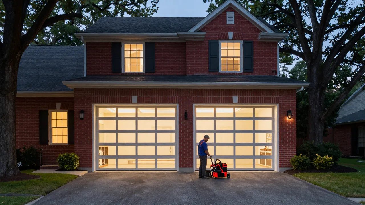 Full-view glass garage door on a brick colonial at dusk in Laurel, MD — Eagle Garage Door