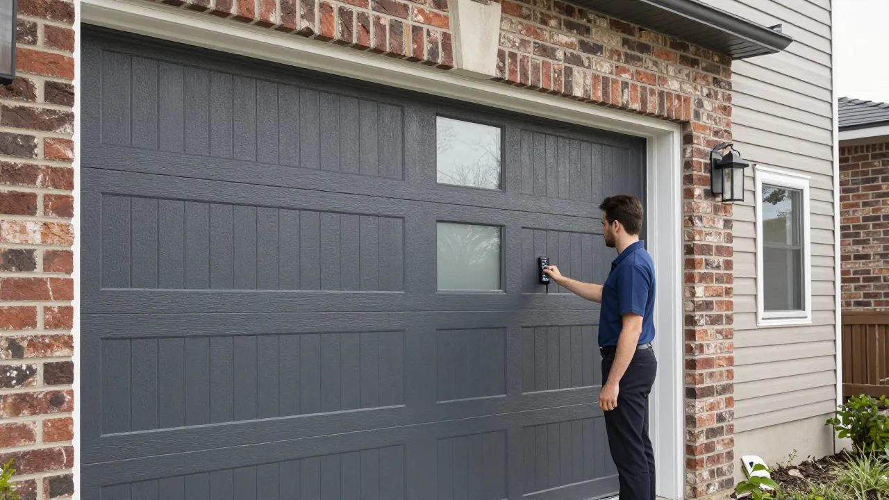 Modern flush-panel garage door with glass on a townhouse in Wheaton, MD — Eagle Garage Door