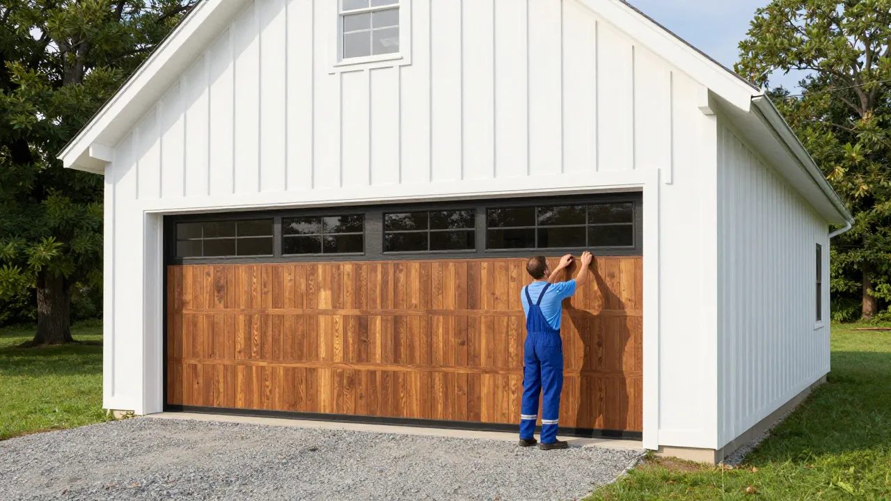 Wood-look steel garage door installation on a farmhouse in Bel Air, MD — Eagle Garage Door