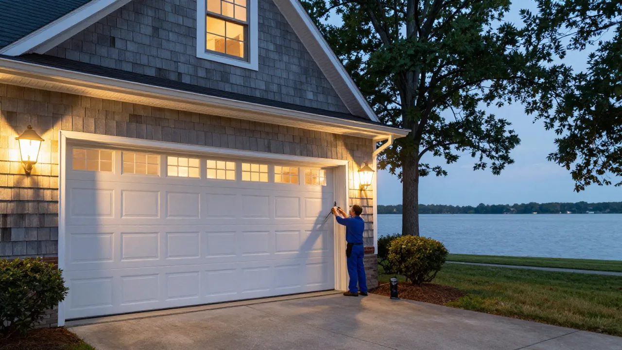 Evening garage door installation on a waterfront home in Pasadena, MD — Eagle Garage Door