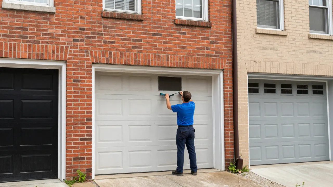 Alley garage door service at a brick rowhouse in Pikesville, MD — Eagle Garage Door