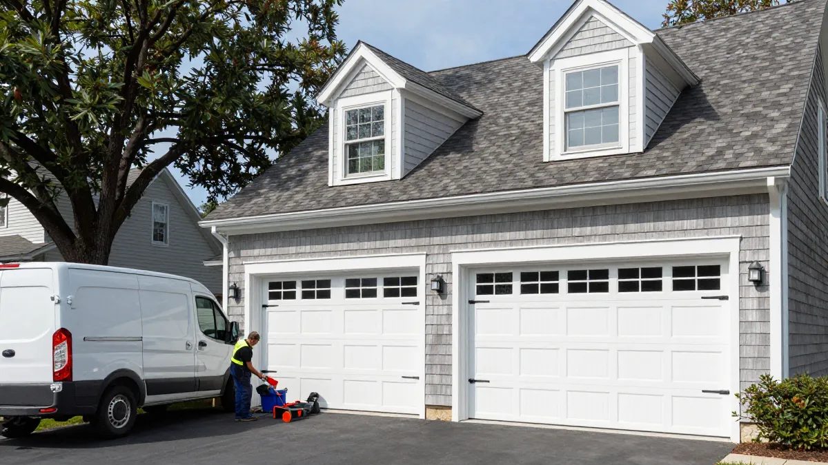 Carriage-style garage door installation on a Cape Cod home in University Park, MD — Eagle Garage Door