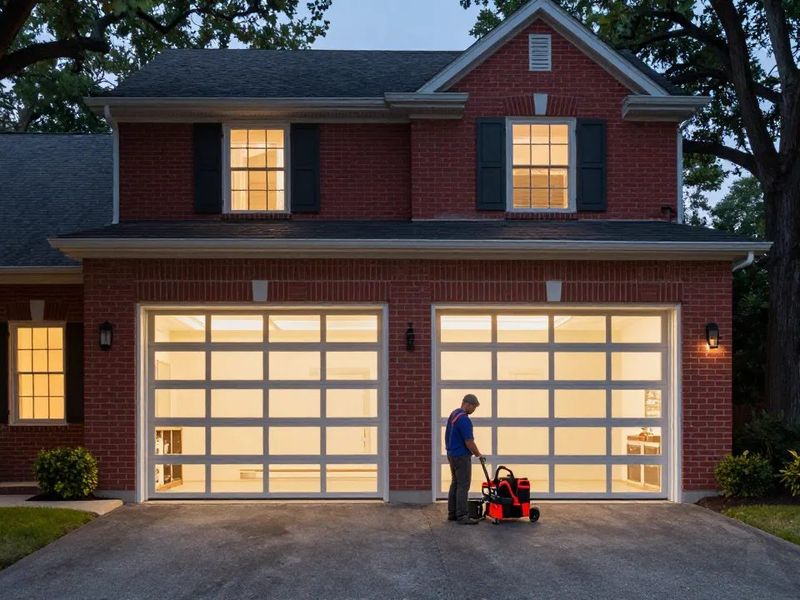 Full-view glass garage door at dusk in Pasadena, MD — Eagle Garage Door